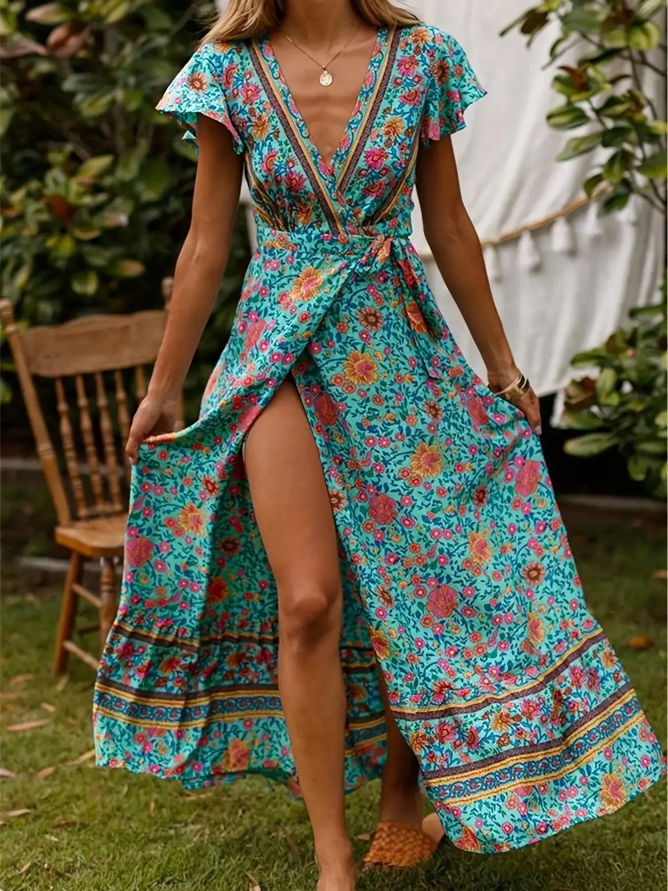 Women's All Over Print Dress, Boho V Neck Short Sleeve Dress for Beach Holiday Vacation, Ladies Summer Clothes, Womenswear