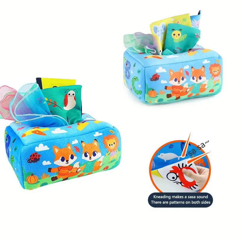 Cartoon Fox Pattern Baby Tissue Box Toy, 1 Set Multifunctional Soft Crinkle Sensory Toys for Infant Toddlers, Early Education Toy for Baby Boy and Girl