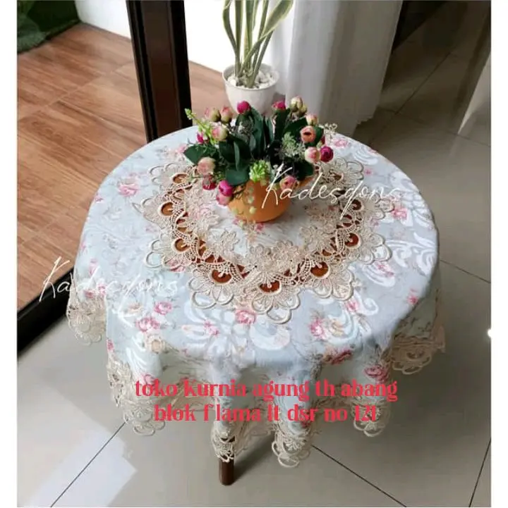 Taplak Meja Tamu Bulat Lebar 90cm Bahan Katun Renda Singapur Import