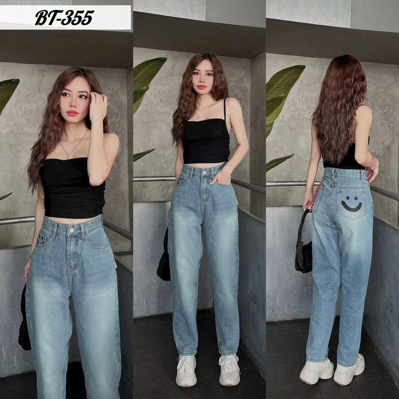 (S->3XL) Quần Baggy Thêu hình mặt cười,Chất QCCC Jean Nữ