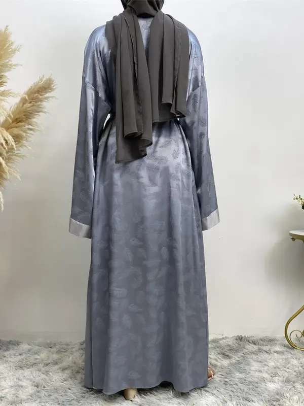 Women's Leaf Pattern Belted Satin Abaya, Modest Casual Long Sleeve Open Front Abaya for Daily Wear, Women's Islamic Clothing for Spring & Fall 7