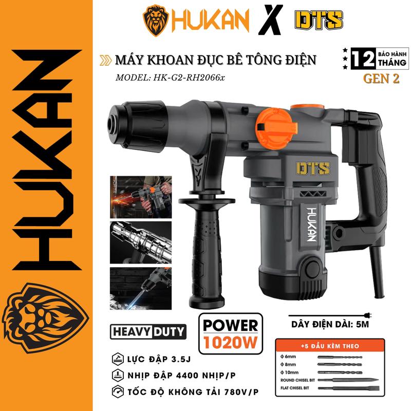 Máy khoan đục bê tông điện 2 chức năng HUKAN HK-G2-RH2066x | Công suất 1020W - Lực đập 3.5J - Đường kính mũi tối đa 28mm - Thích hợp khoan đá, gỗ, gạch, đục bê tông. Tặng kèm hộp nhựa và mũi khoan