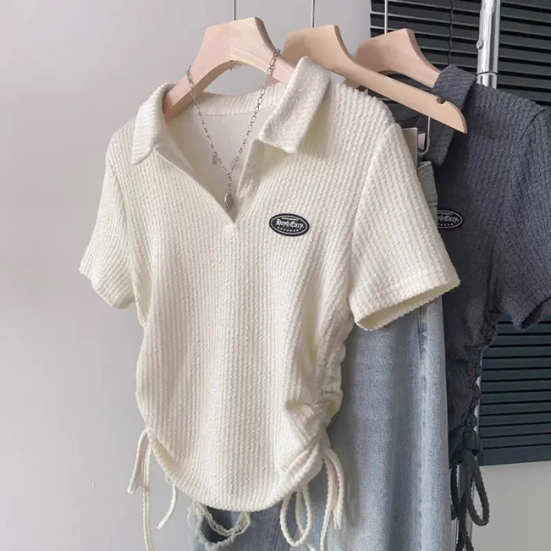 Áo Sơ Mi Ngắn Tay, Cổ Polo Nữ, Vai Ngắn Tay, Hàng Mới Về Mùa Hè, Dây Rút, Xếp Ly Và bó sát, Áo Ngắn