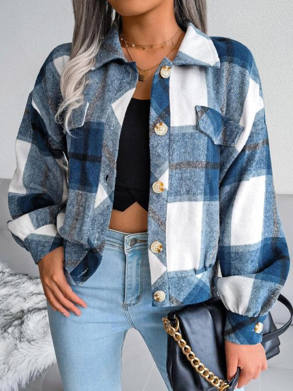 Women's Plaid Print Collared Long Sleeve Button Front Jacket, Jacket for Women, Pocket Design Drop Shoulder Button Up Outerwear, Women's Clothing 1