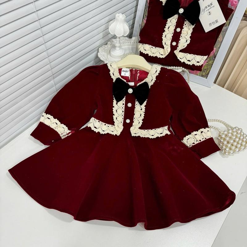 ￼Bộ thu đông bé gái,váy nhung 2 tầng cổ nơ phong cách tiểu thư cho bé diện noel, tết 2025 cho bé 10 - 20kg Moon Jonhny 4