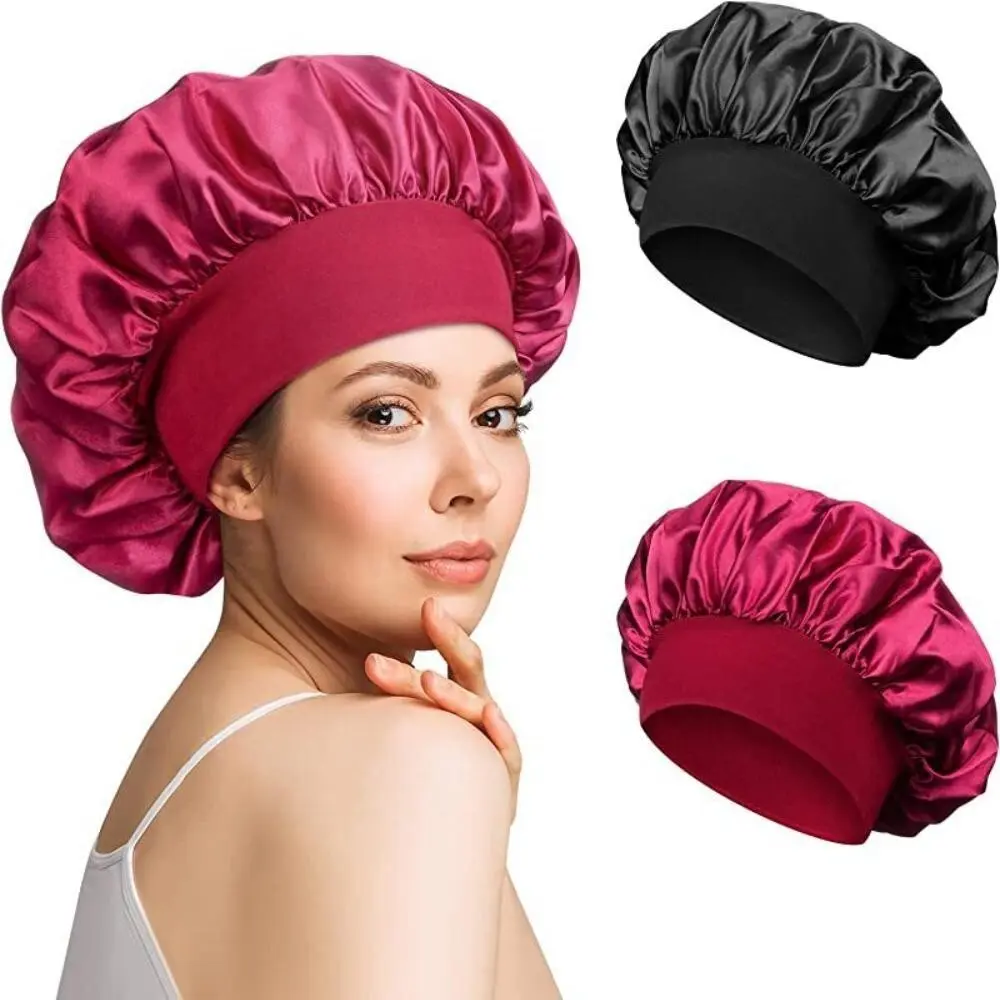 Soft Large Shower Caps, Convenient Elastic Edge Wrap Solid Satin Imitation Silk Hair Care Hats for Women