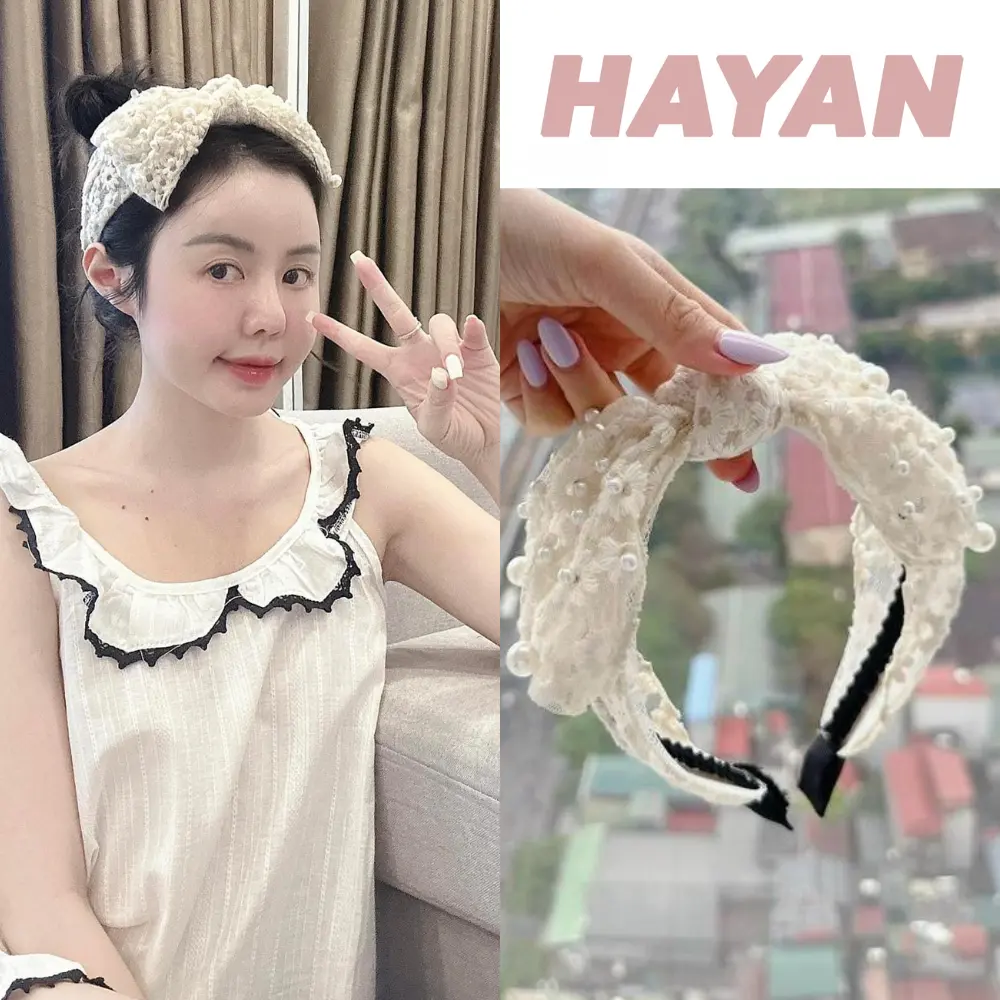 HT007 Băng đô cài tóc ren tiểu thư kết ngọc cao cấp, Bờm tóc thời trang sang chảnh HT007