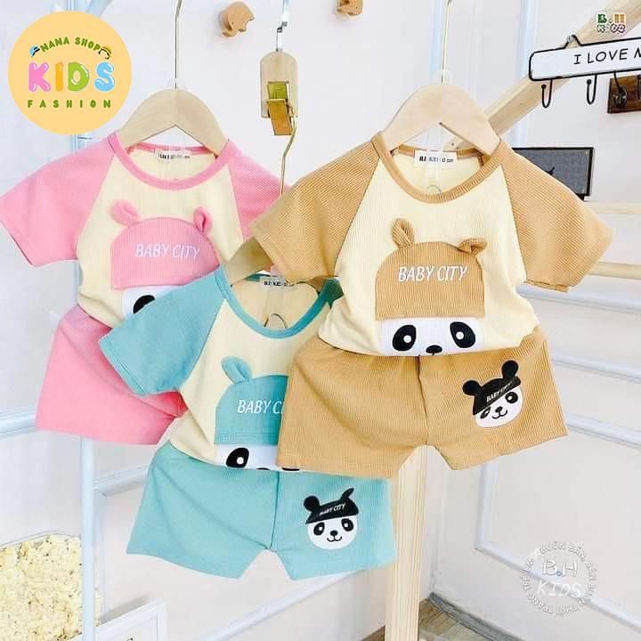 [5 bộ cộc tay] Bộ đồ cho bé trai bé gái chất thun tăm in hình gấu trúc mũ to cho bé từ 5-16kg - B21 1