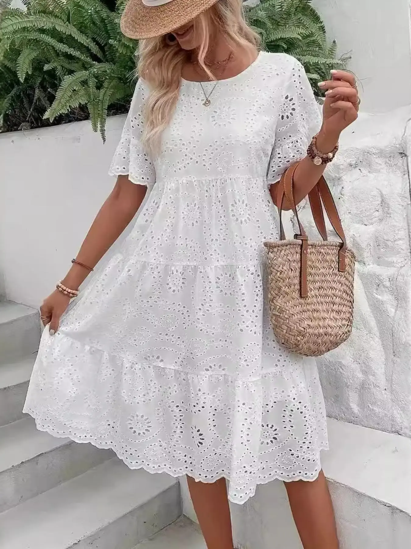 Women's Plain   Dress, Elegant Round Neck Short Sleeve Dress for Summer, Ladies Clothes for Daily Wear