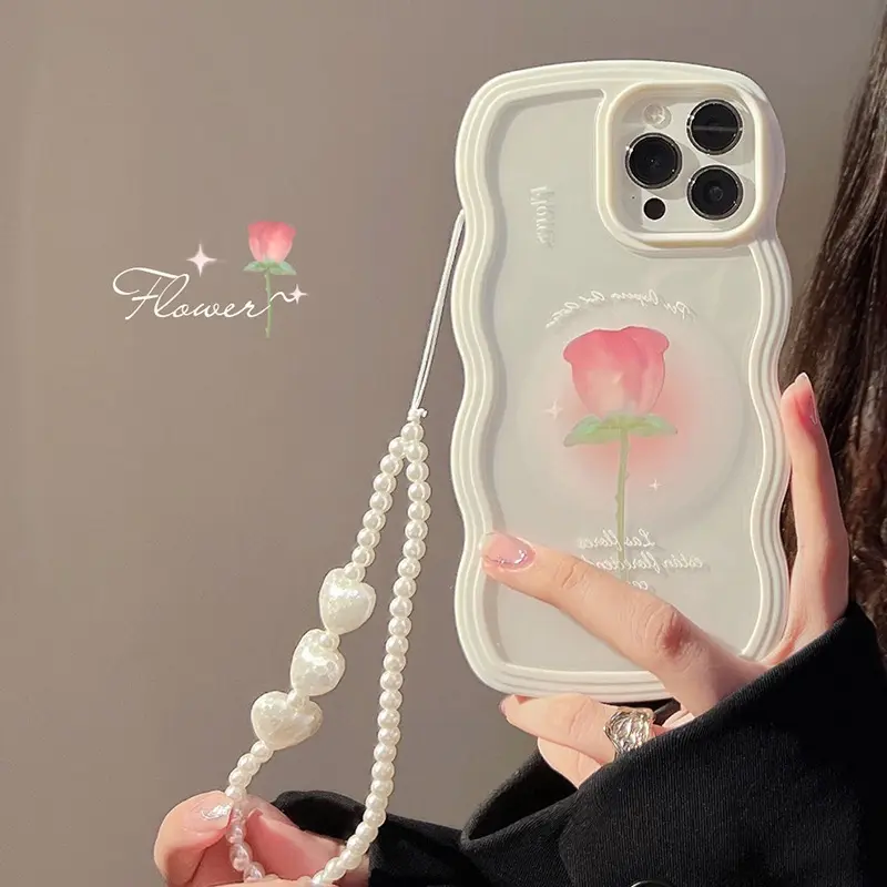 Colourfull Lanyard Strap Accessories Korean Style Hot New Spring Flower Pink Tulip Mobile Phone Case Chain Anti-Lost Soft Pottery Lanyard Pearl Acrylic Bead Colorful Portable Wrist Strap Rope Pendant y2k bracelets 8