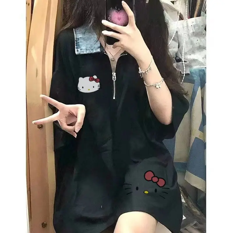 Áo ngắn Tay Áo Polo Mỹ Thương Hiệu Thời Trang Trung Quốc, Phong Cách Preppy Đại Học Trẻ Trung Nữ, In Hình Hello Kitty, Áo dễ phối đồ Tay Lửng Áo, Năm 2024