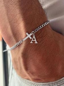 Pulsera para Hombre de Moda con Dije de Cruz Sencillo, Estilo Nuevo 2024, Pulsera Casual y Moderna con Diseño de Letras, Pulsera Combinable de Moda para Uso Diario
