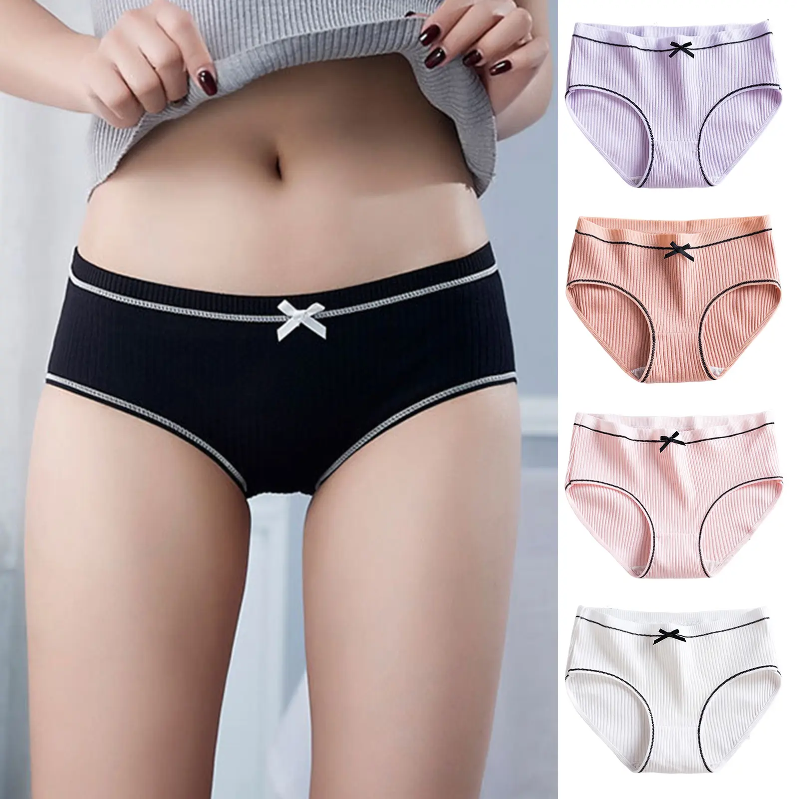 Quần Lót Nữ, Cạp Thường, Chất Liệu Cotton Co Giãn, Không Đường May, Thoải Mái Tối Đa, Thích Hợp Mặc Hàng Ngày Và Thể Thao, Có Nơ Sợi, Đồ Lót Nữ