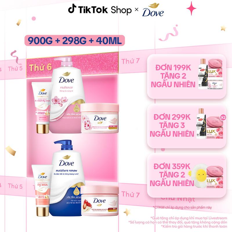 [KOL Live 2] Bộ sản phẩm chăm sóc da toàn diện - Sữa tắm dưỡng thể Dove 900g + Smoothie Tẩy Da Chết 298g+  Dove Serum dưỡng sáng khử mùi 40ml - Hương Hoa Anh Đào [2]