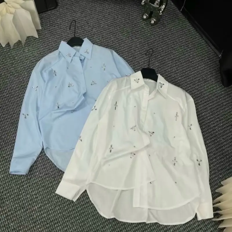 Áo sơ mi thô đính đá khâu tay tỉ mỉ 2 màu Có Cổ Nữ Women - Thương hiệu uy tín Shirt Top 3