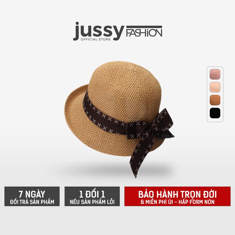 Mũ Cói Len Rộng Vành Nơ Sọc Quảng Châu Jussy Fashion, Nón Bucket Len Rộng Vành Nữ Vintage Phong Cách Hàn Quốc Women Hat
