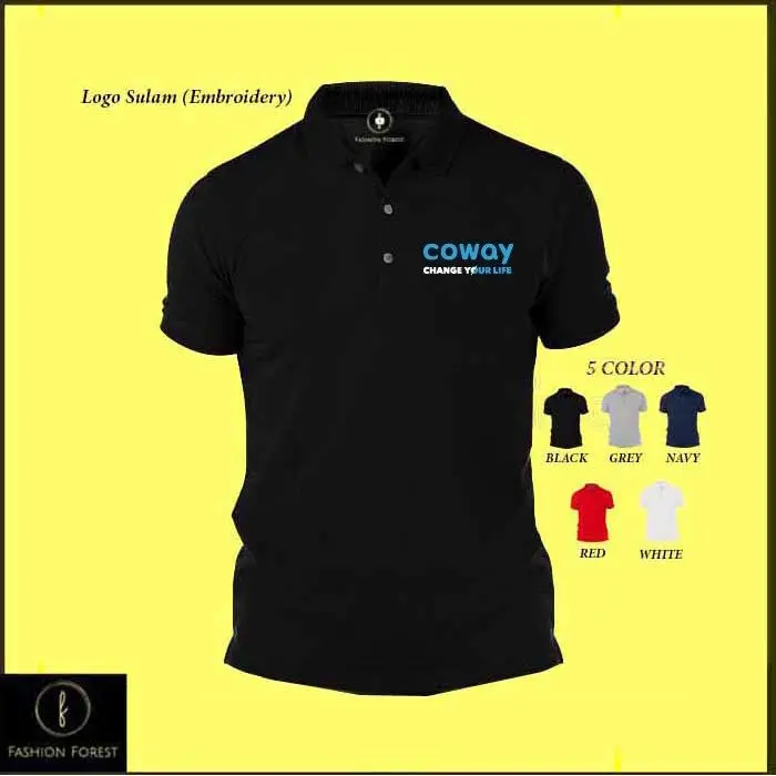 Baju T Polo Sulaman, Baju Logo, Diperbuat daripada Kapas, Dispenser Penapis Air Coway, Uniseks Panas & Sejuk, Sesuai untuk Lelaki dan Wanita, Sulaman 03 Embroidery Gelap Lengan