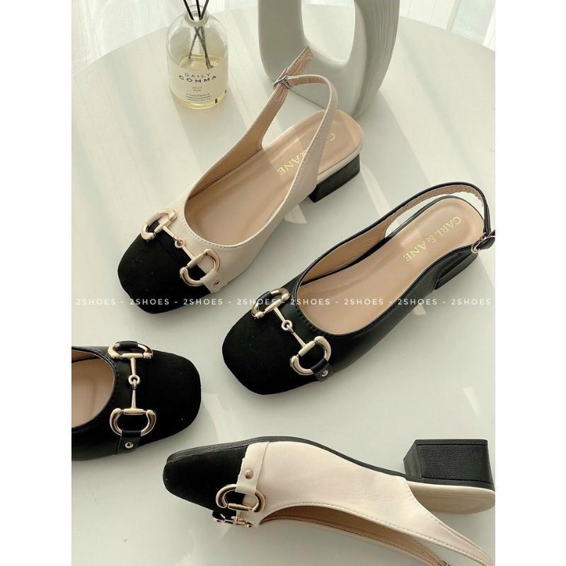Giày sandal dáng slingback nữ mũi tròn phối khoá xinh xắn đế 3cm 2 màu đen trắng phong cách công sở nữ tính - Mã G55 DéP Shoes Cao Su 4