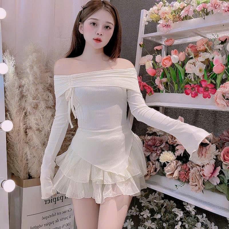 Áo thun trễ vai rút một bên , vạt xéo Top Nữ