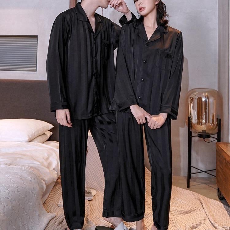 Bộ đồ ngủ nam nữ , bộ lụa xuân thu dài tay sọc đen  chất lụa cao cấp Áo Nhung 7