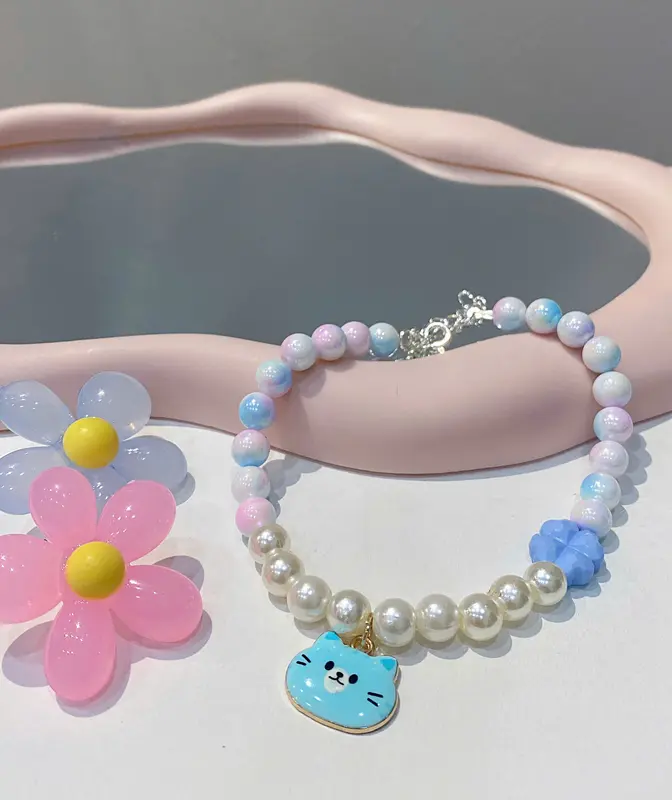 Dây Đeo Cổ Mèo, Chó Cưng Dễ Thương, Vòng Hạt Châu Ánh Tím Đa Sắc Mix Charm Ngộ Nghĩnh 1
