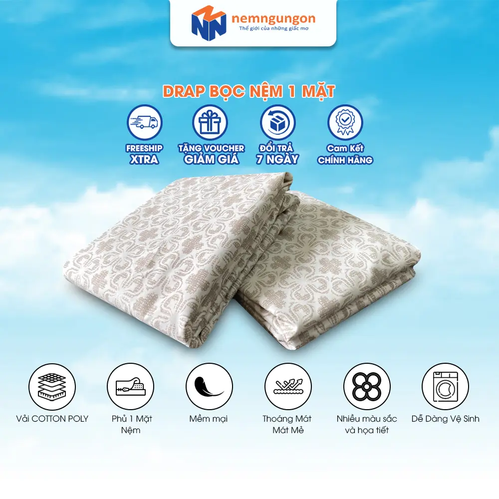 Ga nệm Cotton Poly bọc 1 mặt cho nệm dày từ 3cm - 5cm thông thoáng giặt mau khô