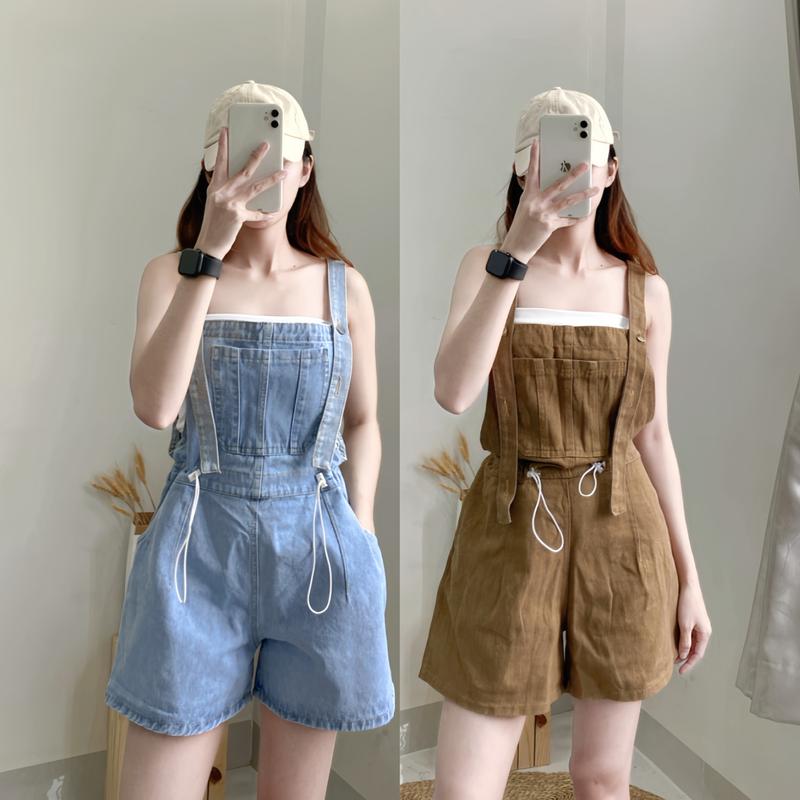 Quần Yếm Jean Short Nữ 2 dây rút eo trẻ trung