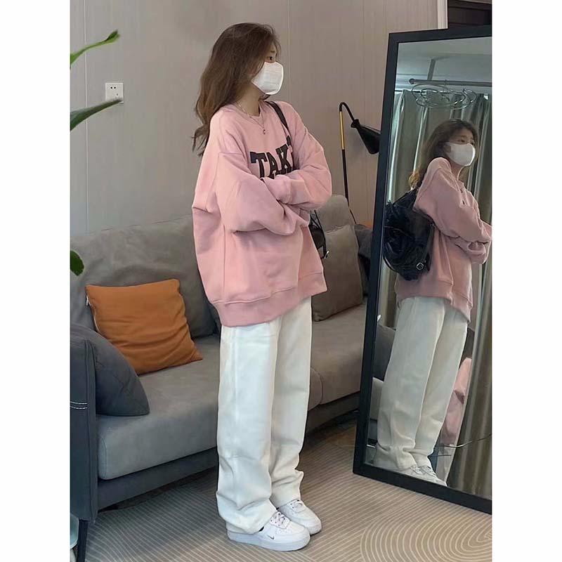 Áo Nỉ Nữ Phong Cách Hàn Quốc, Áo Dài Tay Dáng Rộng Cổ Tròn In Chữ Mới, Không Mũ, Hợp Thời Trang, Mùa Thu Hoodie Top có thể giặt máy áo hoodie vàng