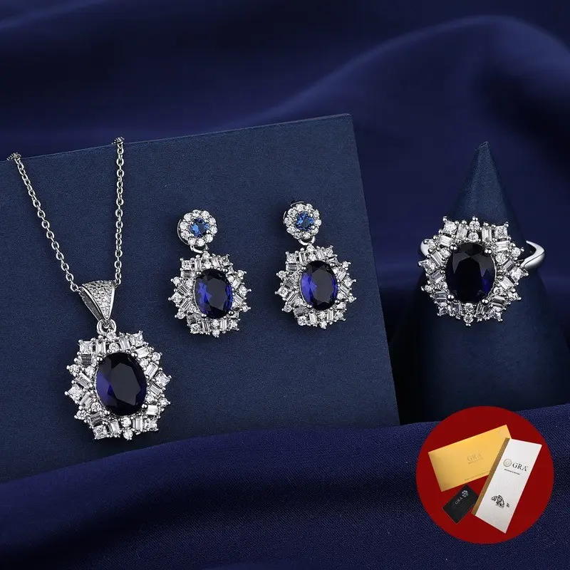 (With Gra Certificate) Snowflake Blue Diamond Pendant Ring Earrings Luxury Blue Treasure Necklace Set
