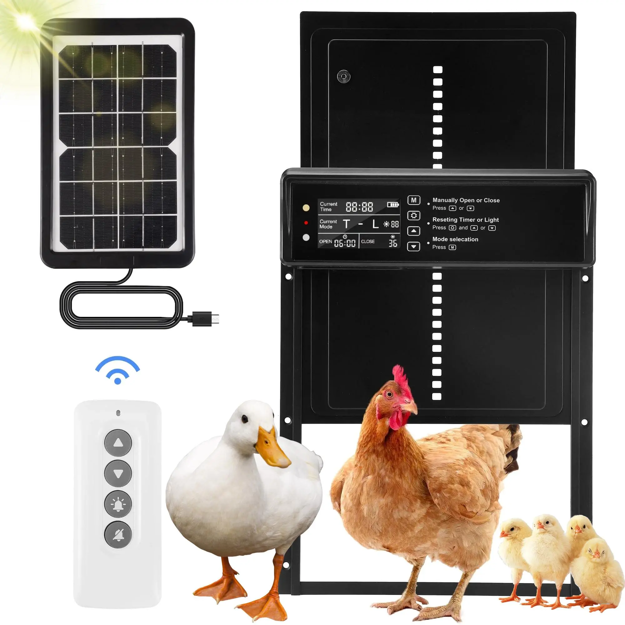 Solar Powered Chicken Coop Door, Automatic Chicken Coop Door with LCD Display & Timer & Light Sensor, Chicken Coop Door for Farm Animal & Poultry