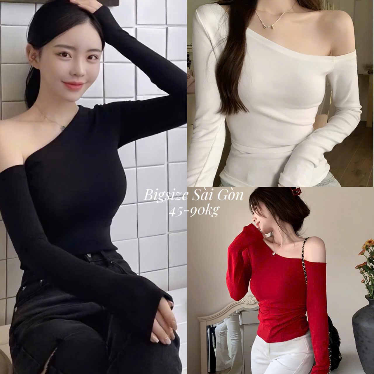 Áo Thun Trễ Vai Tay Dài THu Đông Vải Thun Gân Tăm 45- 90Kg Có Bigsize Áo Thun Nữ - B.1417