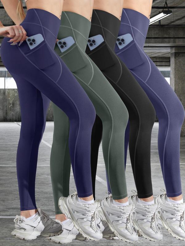Women's Solid High Waist Sports Leggings, Casual Comfy Breathable Skinny Pants for Yoga Gym Workout Running, Ladies Sportswear for Summer, Gym Clothing, Activewear, Leggings Pockets 2