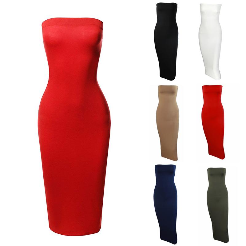 Fw.Q-Evening Party Night Club Sexy Women Solid Color Strapless Bodycon Long Dress 2