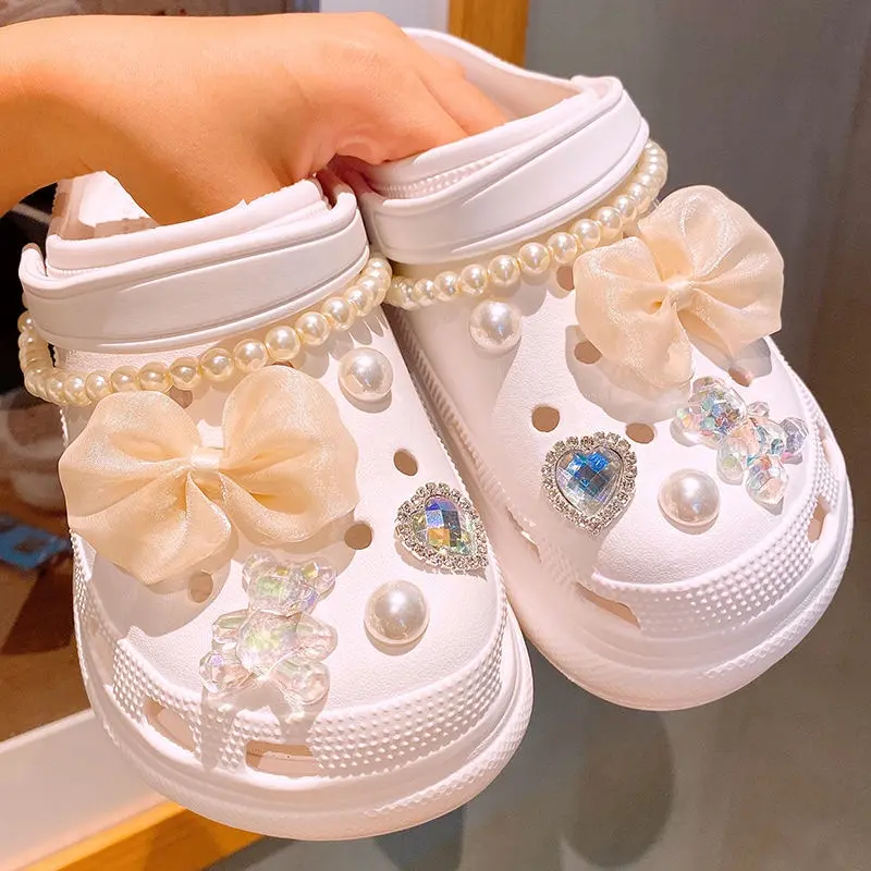 Phụ Kiện Dép Croc Jibtiz, Đồ Trang Trí Charm Giày Nữ, Nơ Trắng Tím Và Kim Cương Sáng Bóng Nhân Tạo, Phụ Kiện Giày Tự Làm Cho Croc Jibtiz Charm