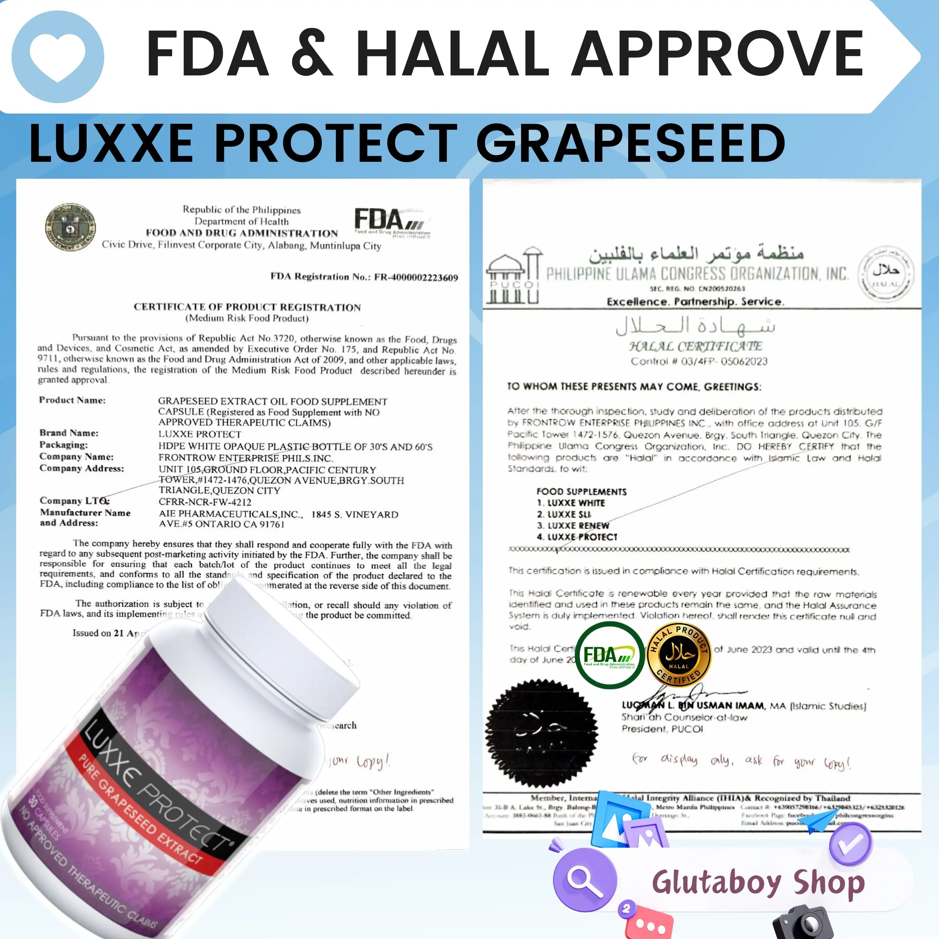 is luxxe white glutathione fda approved FRONTROW ] PROTECT 30caps pure grape seed oil soft gel rich in vitamin E vitamin C stress reliever halal collagen for gluta capsule skin care organic supplement whitening bright_bd Weight:1.00 Kg ghk cu recommended dosage