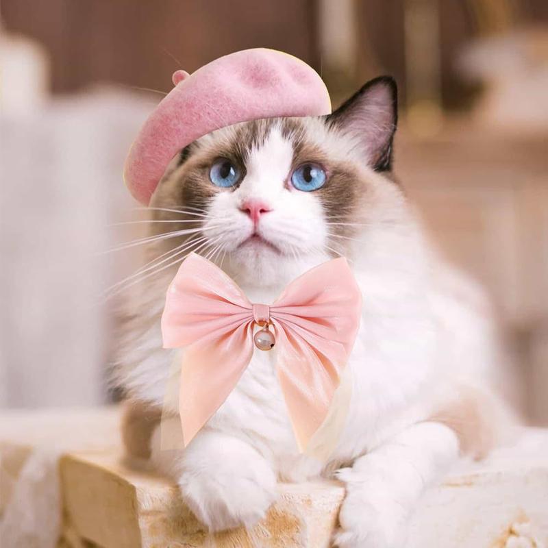 Pet Cat Dog Hat and Bow Collar Cute Soft Beret Adjustable Bow Collar Kitten Puppy Hat Collar Set Pet Accessories 2
