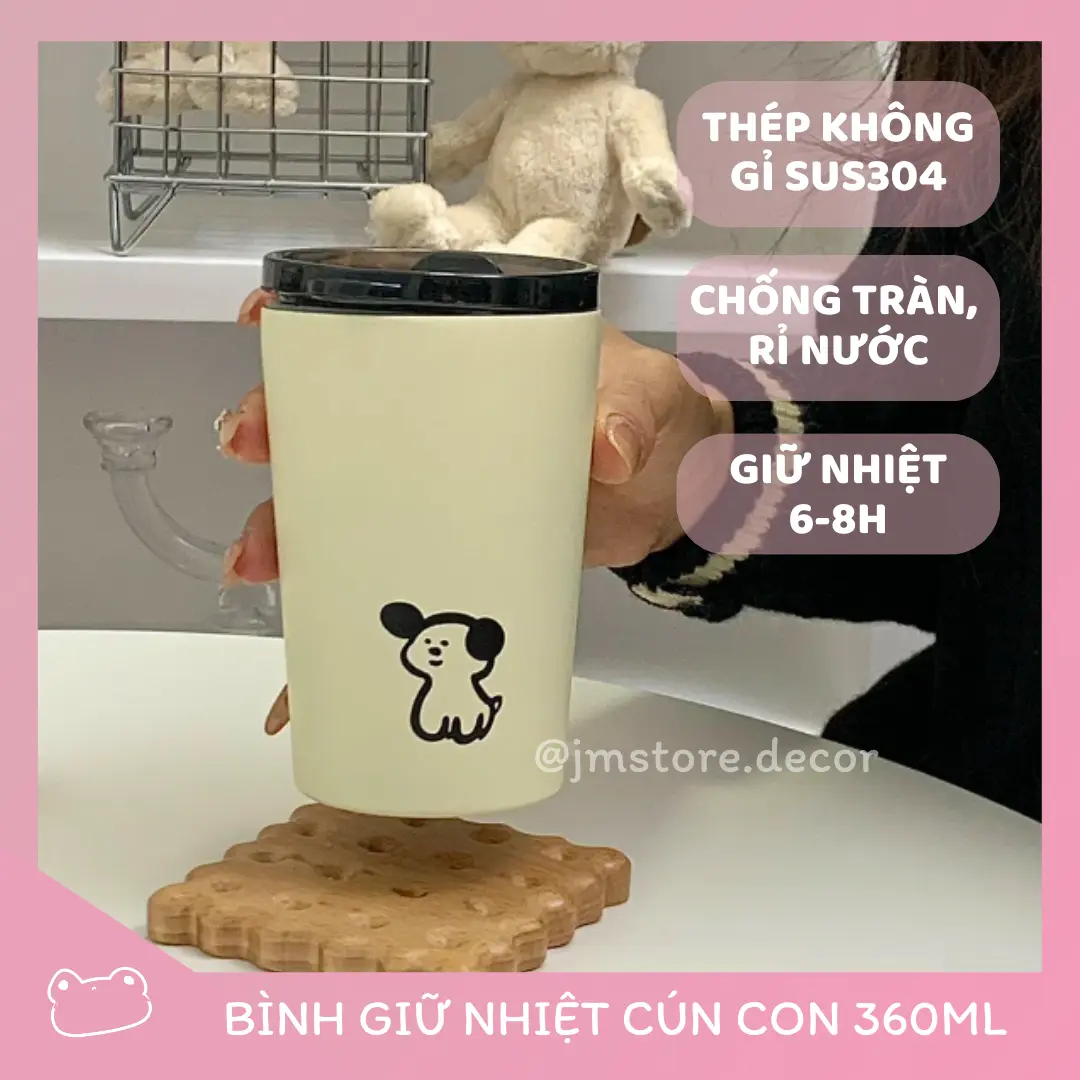 Ly cốc Giữ Nhiệt Cún Con 360ML - Bình Giữ Nhiệt Thép Không Gỉ Chống Tràn 6-8 Tiếng