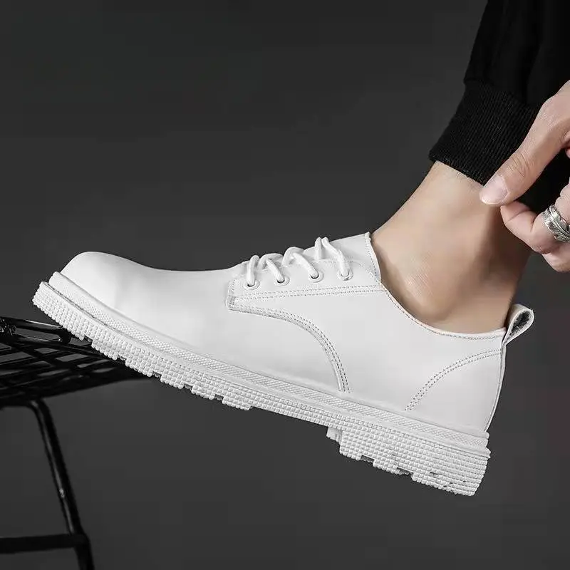 New Men White Boots plus Size round Head Leisure Small Leather Shoes Work Shoes 2024