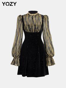 YOZY Women's Contrast Sequin Rhinestone Decor 2 in 1 Velvet Dress, Elegant Mock Neck Flounce Sleeve A Line Short Dress for Party Holiday Wedding Guest, Ladies Fall & Winter Clothes