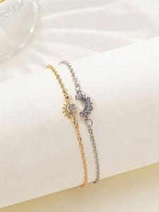 Set de Pulseras de Pareja Boho Sol Luna, 2 Piezas de Joyería Casual para Mujer, Diseño con Diamantes de Imitación, Regalo Perfecto para Uso Diario y Ocasiones Especiales