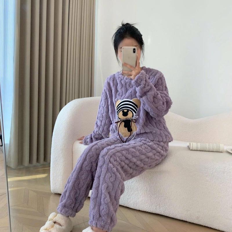 Qc (mã mới) Bộ ngủ lông xoăn GẤU mũ 6 màu An nhiên shop mùa đông Women Nữ - bộ Áo lông Ann Nhiên 1