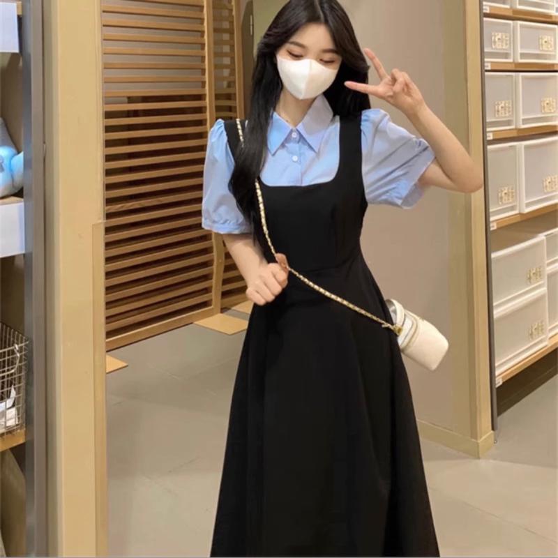 ￼Đầm váy đen sơ mi tay ngắn phối xanh biển công sở nữ tính thanh lịch 2