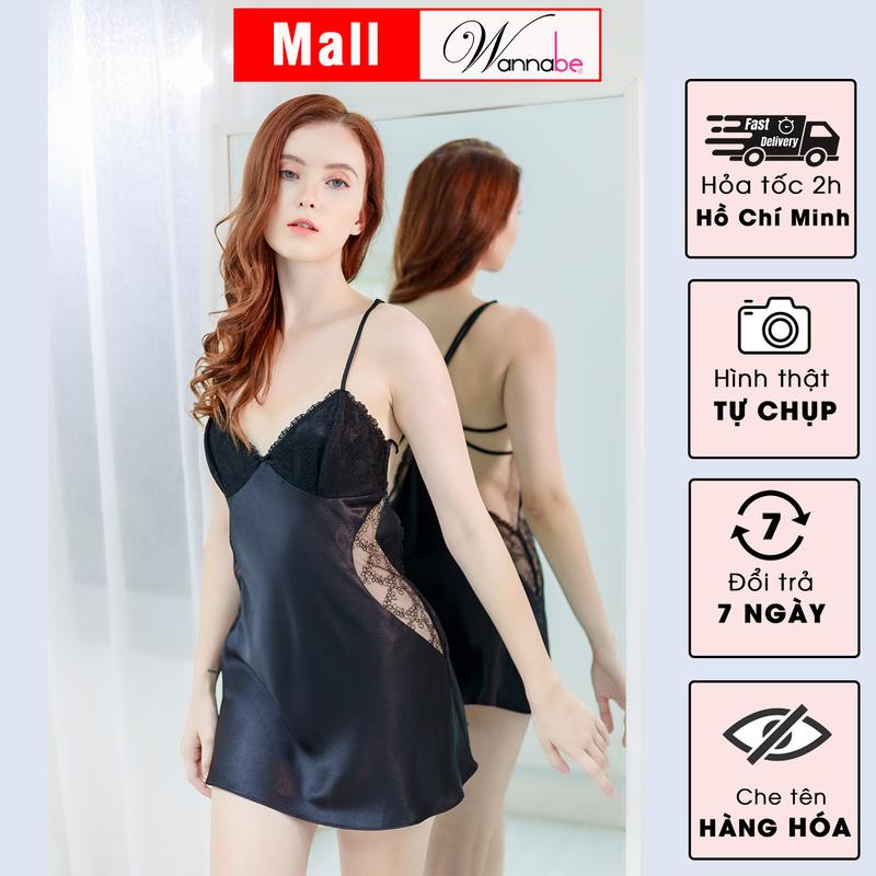 Đầm ngủ lụa WANNABE váy ngủ cut-out eo, lưng phối ren trang trí 6 dây đan khoe lưng vai eo quyến rũ của bạn gái Women Dress Đen DNS42