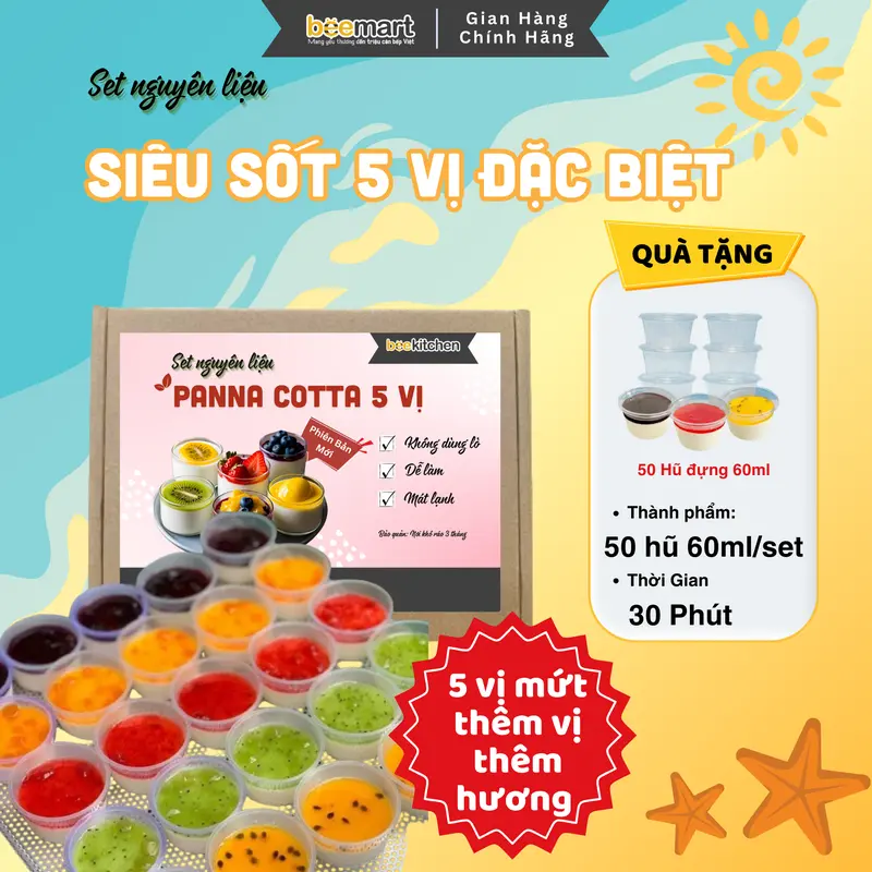 [Combo Panna 5 VỊ] Set nguyên liệu Panna Cotta siêu sốt 5 vị tặng kèm 50 hũ - thành phẩm 50-60 hũ 60ml mát lạnh, thơm ngon 0