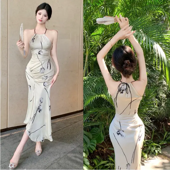7873 midi dress putih cantik ke pantai press body tanpa lengan motif bunga wanita korean style gaun pesta mewah elegan import 0