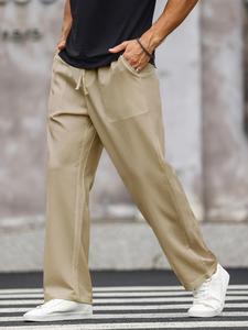 Men's Solid Pocket Drawstring Waist Straight Leg Pants, Men's Tracksuit for Travel, Loose Casual Comfy Trousers For Summer Daily Outdoor Life, Men Bottoms