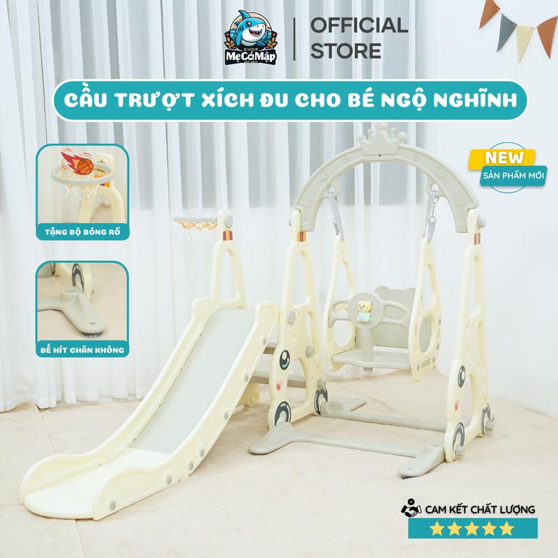 Cầu Trượt Cho Bé, Cầu Trượt Xích Đu Ô Tô Tặng Kèm Bóng Rổ, Mẫu Mới 2024 Chịu Tải 60kg, Nhựa Dày Dặn