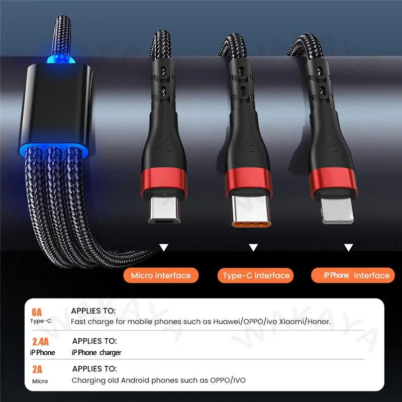 （PP-Centre）  3 in1 siêu nhanh Cáp sạc 6A với đèn báo nylon bện dòng dữ liệu cáp USB để IOS Android Loại C cho điện thoại 1