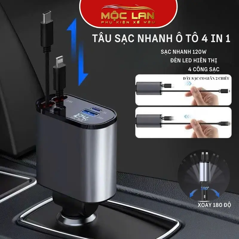 Tẩu Sạc Nhanh Ô Tô 120W 4 trong 1 Bộ Sạc xe hơi USB Type-C cho Điện Thoại - Có Dây Sạc Rút Gọn Thông Minh Tiện Ích Phụ Kiện 0