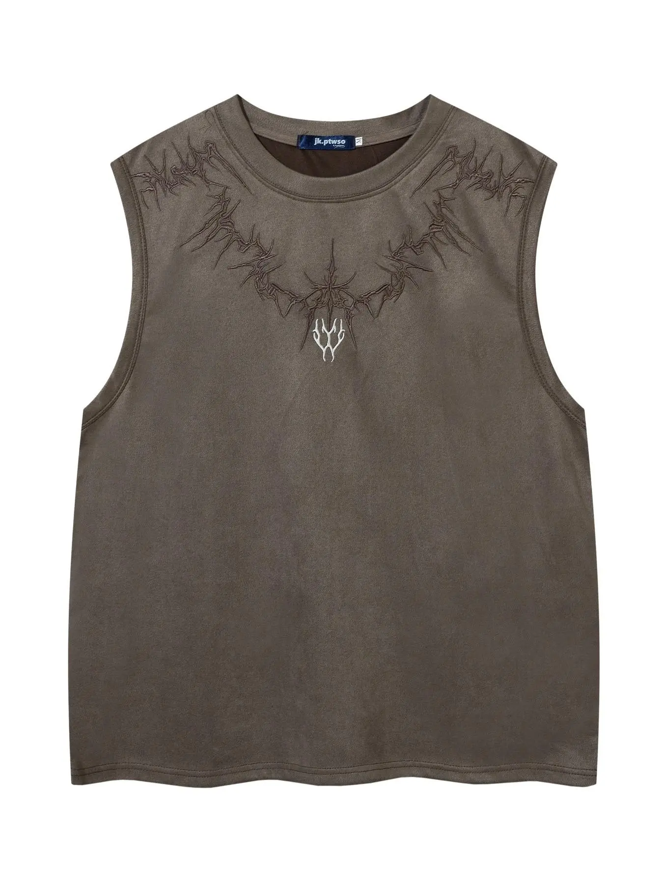 Men's Solid Color Embroidery Suede Tank Top, Loose Casual Street Sleeveless Round Neck Top for Summer, Fashion Men's Clothes for Daily Wear